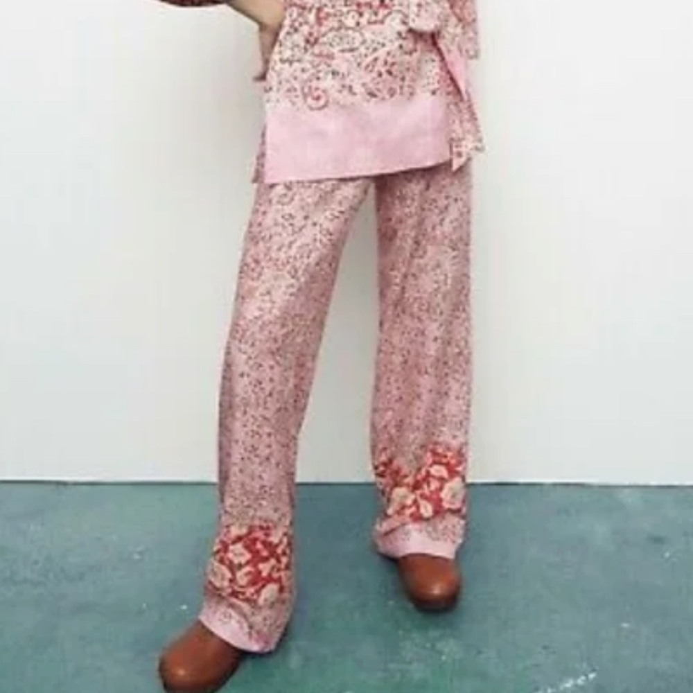 Zara Linen Blend Printed Wide Leg Pants Size Small / Medium